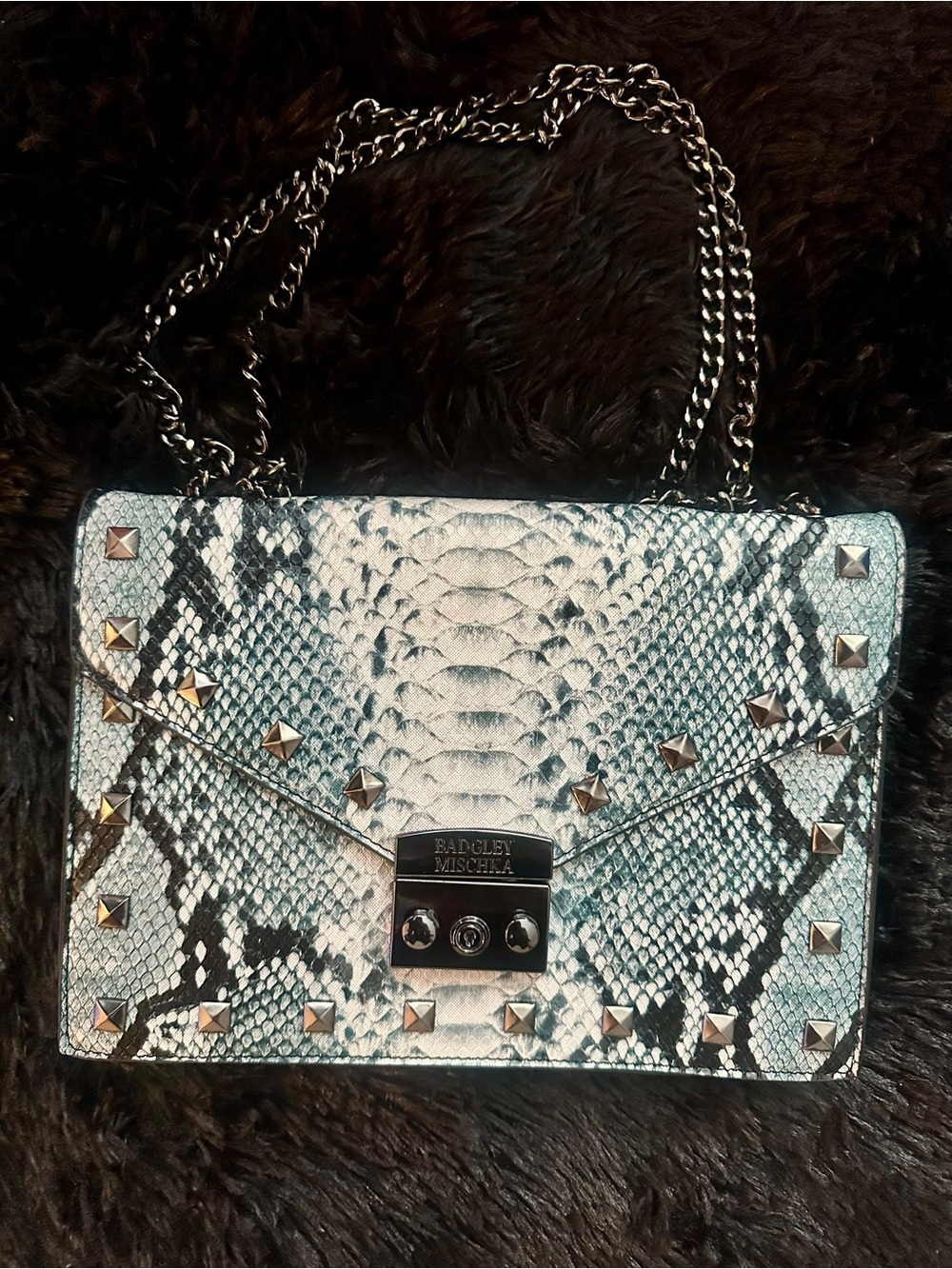 Badgley Mischka Metallic Silver Snakeskin-Print Studded Crossbody
